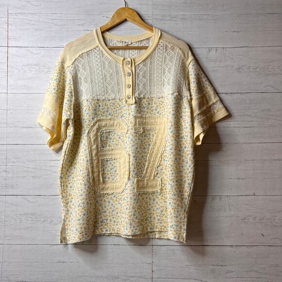 POL Tops - POL Top Womens Size Medium Yellow Number Floral Embroidered Button Lace Detail